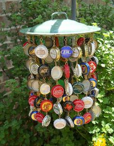 a hanging bottle cap wind chime in the garden