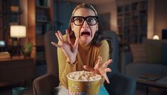 a woman with her mouth wide open sitting at a table in front of a bowl of popcorn