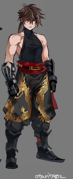 an anime character wearing black and gold armor