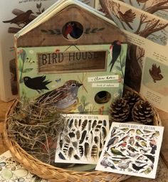 the bird house is surrounded by cards and pine cones