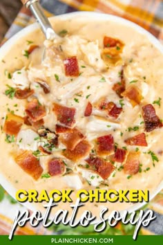 a close up of a bowl of potato soup with bacon and cheese in it on a checkered table cloth