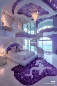 a bedroom with purple and white decor on the walls, flooring and ceiling lights