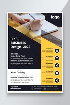 a yellow and black flyer for a business meeting or conference with the image of a person writing