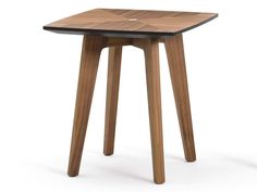 a small wooden table with two legs and a square shaped design on the top, sitting in front of a white background