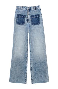 High-waisted denim jeans with wide legs and front patch pockets in a contrasting wash. Sandro Women's high-waisted jeans Wide legs Patch pockets on front and back Contrast front pockets Belt loops Zipped front fastening The model is 5'9 tall and wears a size 4 Spring Dark Wash Flare Jeans With Patch Pockets, Spring Flare Jeans With Patch Pockets In Dark Wash, Trendy Medium Wash Flare Jeans With Patch Pockets, Wide Leg Recycled Denim Cargo Jeans With Patch Pockets, Full-length Recycled Denim Flare Jeans With Five Pockets, Retro Wide-leg Denim Cargo Jeans, Retro Wide Leg Denim Cargo Jeans, Recycled Denim Full-length Flare Jeans With Five Pockets, Full-length Recycled Denim Flare Jeans