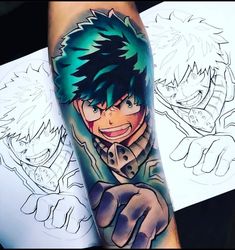 an anime character with green hair and blue eyes is on the arm, next to some drawings