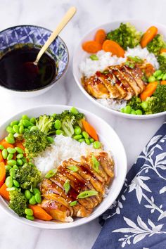 two bowls filled with chicken, rice and vegetables next to a bowl of broccoli