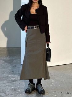 Lasaky - Professional Designer Cool Overalls with Solid Color, Pocket, and Split for a Casual Long Skirt Casual Midi Skirt, Chic Workwear, Long Midi Skirt, Long Skirt Casual, Midi Skirt Casual, Midi Skirt With Pockets, Utility Skirt, Long Midi, Fishtail Skirt