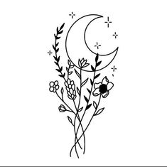 flowers and the moon are drawn in black ink on a white background, with stars