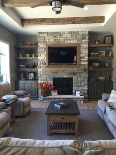 a living room filled with furniture and a flat screen tv mounted on the wall above a fireplace