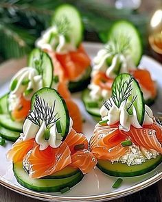 cucumber and salmon appetizers on a plate