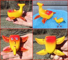 there are four pictures of yellow and red bird figurines in the process of being made