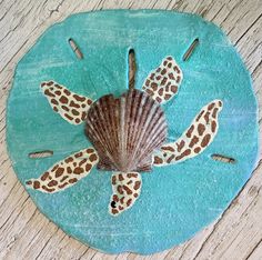 a sea shell and starfish on a blue background with brown spots in the shape of a turtle