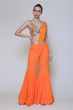 Shop for Preeti S Kapoor Orange Georgette Draped Gharara Saree Set for Women Online at Aza Fashions Fitted Georgette Pants For Festive Occasions, Festive Fitted Georgette Pants, Fitted Bollywood Style Pants For Party, Fitted Bollywood Style Party Pants, Bollywood Style Fitted Party Pants, Fitted Bollywood Party Pants, Fitted Wide Leg Festive Palazzo Set, Bollywood Style Fitted Designer Pants, Fitted Pants For Wedding Diwali Season