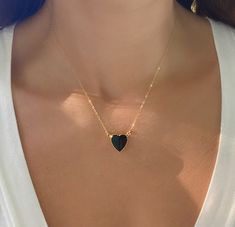 "Please note that there are 3 different necklaces to choose from in this listing. Heart necklace - $48.00 Short Beaded Layering Chain - $28.00 Long Beaded Layering Chain - 38.00 You can get one or all 3 for the layered look. See drop down menu for options. Heart Pendant is 24k gold plated just around the edges so you can soak in the crystal energy✨💗 Chains are 14k gold fill and a total length of 18\" and can be shortened to 16\" or 17\". Choose gold or silver from drop down menu. About the crys Black Pendant Necklace With Heart Charm, Black Pendant Necklaces With Heart Charm, Black Heart Shaped Jewelry With Adjustable Chain, Black Heart-shaped Jewelry With Adjustable Chain, Black Heart Pendant Necklace With Adjustable Chain, Black Heart Pendant Necklace With Heart Charm, Black Heart Necklace With Adjustable Chain, Black Heart-shaped Jewelry For Gifts, Black Enamel Heart Pendant Jewelry Gift