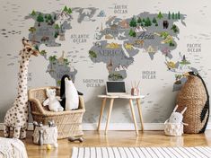 a child's room with a map wallpaper and stuffed animals