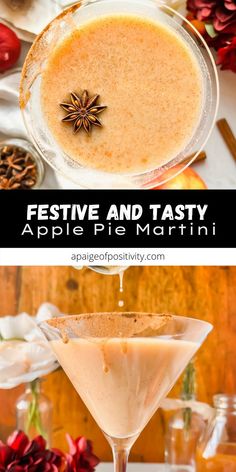 an apple pie martini is served in a glass with cinnamon sprinkles on top