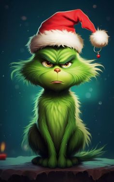 the grinch is wearing a santa hat and sitting on top of a rock with his eyes wide open