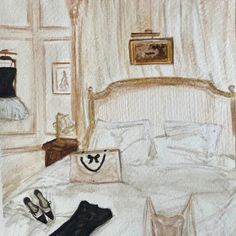 a drawing of a bedroom with a bed and two pairs of shoes on the floor