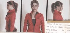 a woman in red jacket standing next to a white board with writing on it and pictures behind her