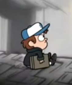 a cartoon boy sitting on top of a suitcase in a room with light coming through the window