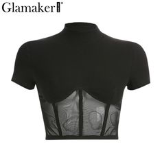 FREE SHIPPING 2019 Combinstion Transparent Mesh Patchwork Crop Top Shirt JKP1476 Japanese Streetwear Fashion, Preppy Aesthetic Outfits, Patchwork Crop Top, Top Streetwear Brands, Turtle Neck Crop Top, Mesh Crop Top, Crop Top Casual, Exclusive Clothing, Clothing Details