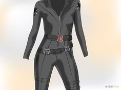 a drawing of a woman in a black suit with red buckles on her belt