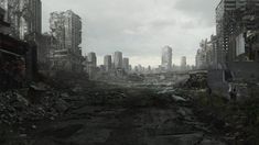 an abandoned city with lots of rubble and debris in the foreground, on a cloudy day