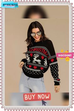 Christmas Fawn Pullover Sweater Casual Winter Holiday Outerwear, Christmas Long Sleeve Sweater, Christmas Long Sleeve Outerwear, Black Holiday Sweater For Winter, Casual Black Christmas Sweater, Cozy Winter Holiday Sweater, Cozy Fall Holiday Sweater, Casual Christmas Holiday Outerwear, Holiday Black Long Sleeve Sweater