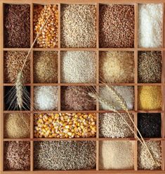 an open wooden box filled with different types of grains