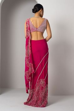 Pink pre-draped saree with floret, stripe hand embroidery using beads. Paired with a blouse with all over beaded cluster embroidery. - Aza Fashions Draped Saree, Floral Saree, Stripe Blouse, Drape Saree, Blouse Silk, Pink Blouse, Aza Fashion, Silk Blouse, Hand Embroidery