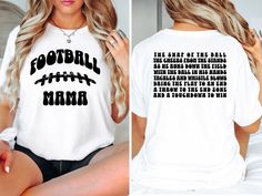 Football Mama Tee with Football Poem on Back of Shirt for Football Moms Game Day Tshirt Gift for Mom This classic unisex jersey short sleeve tee fits like a well-loved favorite. Soft cotton and quality print make users fall in love with it over and over again. These t-shirts have-ribbed knit collars to bolster shaping. The shoulders have taping for better fit over time. Dual side seams hold the garment's shape for longer.  .: 100% Airlume combed and ringspun cotton (fiber content may vary for different colors) .: Light fabric (4.2 oz/yd² (142 g/m .: Retail fit .: Tear away label .: Runs true to size : Size up for oversized fit .: Please see size chart in photos Visit our store for other designs:  https://etsy.com/shop/thewhitebarnstudio1 Short Sleeve Tops With Funny Text For Sports Events, Funny Text Short Sleeve Tops For Sports Events, White Tops With Funny Text For Fans, White T-shirt With Funny Text For Sports Events, Football Tshirts For Moms, Football Poems, Sporty T-shirt For Game Day During Football Season, Quarterback Mom Shirts, Graphic Tee T-shirt For Football Season