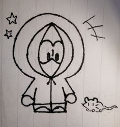 a drawing of a person with a hoodie on and a mouse in the background