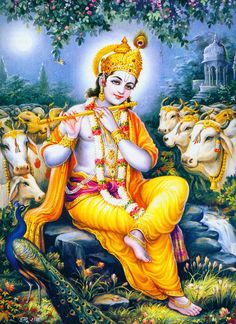 the hindu god sitting on a rock in front of cows and trees with flowers around him