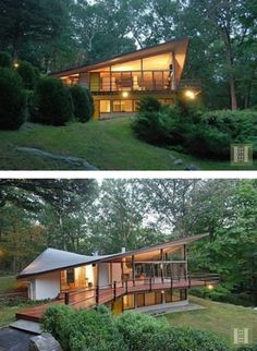 two pictures side by side of a house in the woods