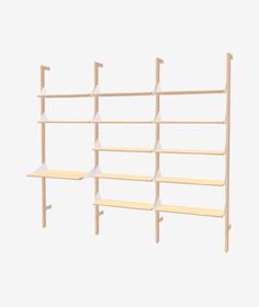 three wooden shelves with one shelf on each side, and the other two are empty