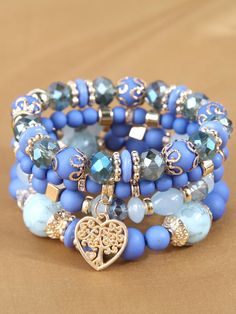 4 Simple Mix-and-match Bead Heart Pendant Multi-layered Ladies Bracelets Baby Blue    Plastic     Women Fashion Jewelry, size features are:Bust: ,Length: ,Sleeve Length: