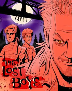 the lost boys movie poster with an image of two men in front of a bridge