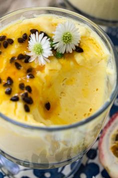 a close up of a dessert in a glass bowl