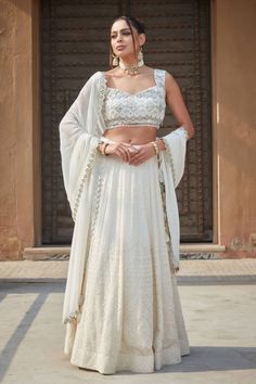 Women's Ivory Georgette Embroidered Caitlin Scallop Chikankari Lehenga Set Ivory Lehenga, Lehenga For Girls, Sequence Lehenga