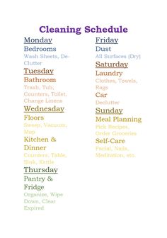 the cleaning schedule is shown in purple and green