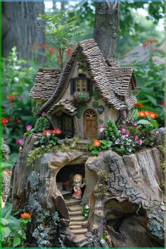 a fairy house made out of tree stumps with flowers and plants growing on the roof