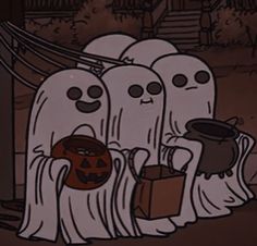 cartoon ghost characters with bags and pumpkins in front of an old fashioned halloween house