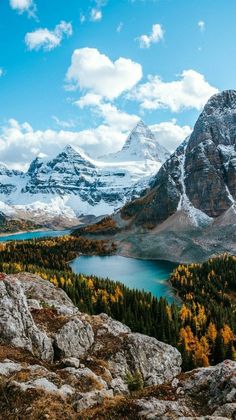 the mountains are covered in snow and trees with yellow leaves on them, near a lake