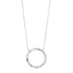 Diamond Necklace With Baguette Diamonds In Round Pendant, Baguette Diamond Round Pendant Necklace, Baguette Diamond Necklace With Round Pendant, Gift Necklaces With Baguette Diamonds, Formal Sterling Silver Necklaces With Baguette Diamonds, Silver Necklaces With Baguette Diamonds, Fine Jewelry Diamond Necklace With Baguette Diamonds, White Gold Round Diamond Necklace With Baguette Diamonds, Anniversary Diamond Necklace With Baguette Diamonds