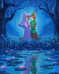 the fox and the hound is standing in front of a pond with lily pads on it