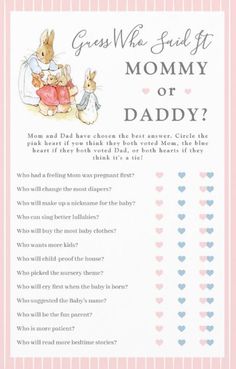 a baby shower game with the words guess who is mommy or daddy?