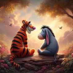 the tigger and pooh look at each other as they sit on a log