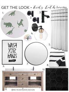 black and white bedroom decor with text overlay that says get the look kids's room