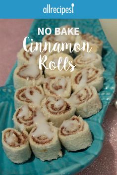 cinnamon rolls on a blue plate with the words, no bake cinnamon rolls